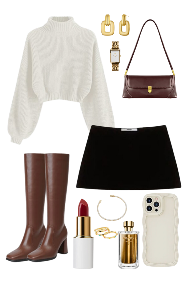 White Sweater & Black Leather Skirt