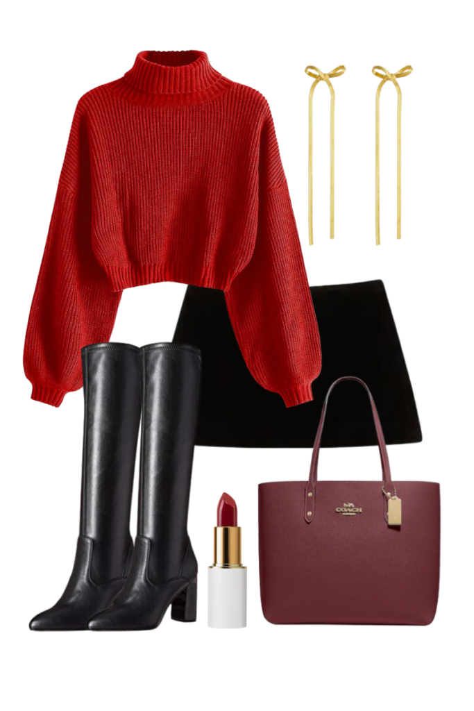 Red, Mini Skirt, Tall Leather Boots