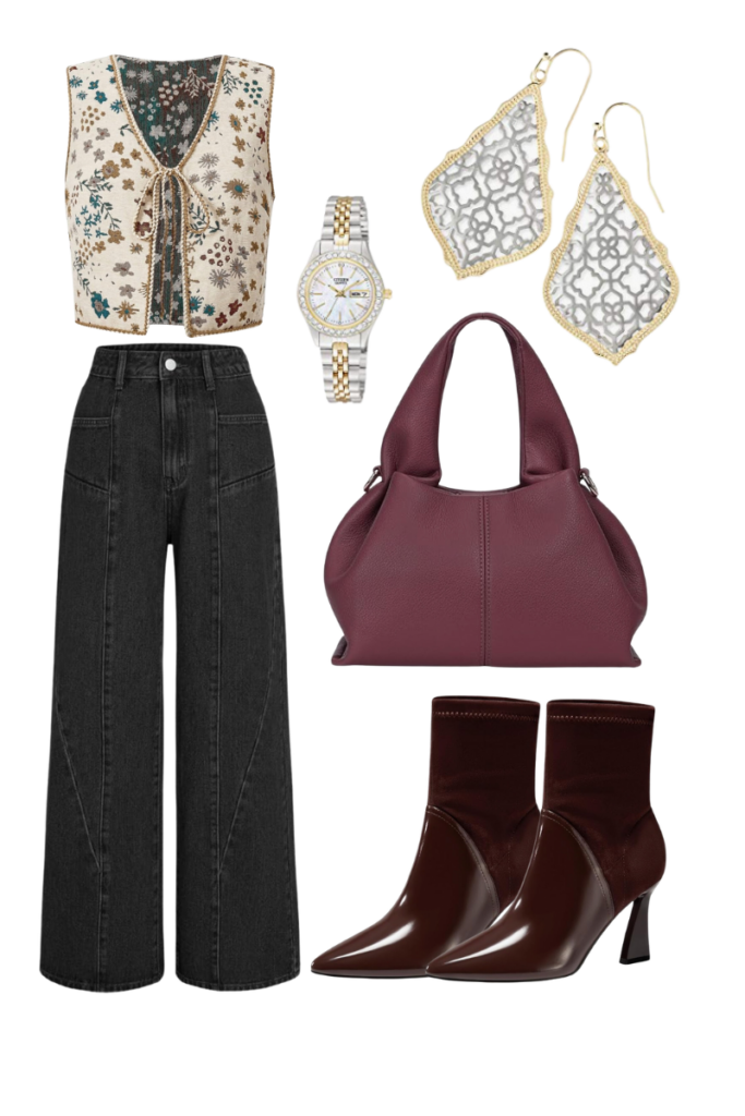 sweater vest, black jeans, and leather velvet boots