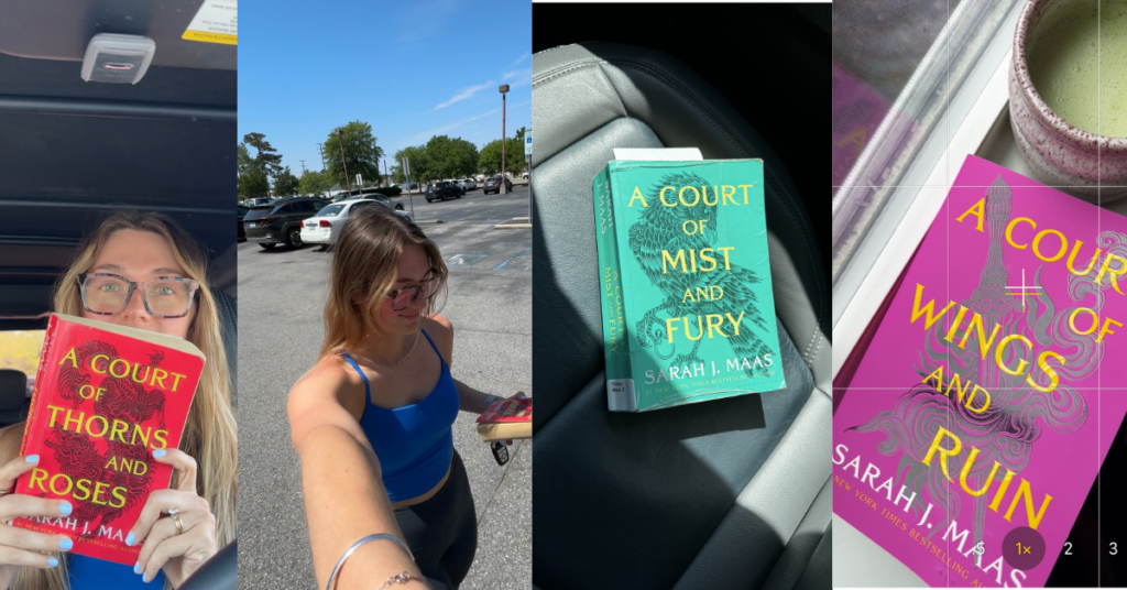 Flat lay of April reading recap books — The Guest List, A Court of Thorns and Roses, Good Girl Bad Blood, and A Court of Mist and Fury